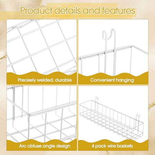 White 4 Pack Wire Baskets, Grid Wall Hanging Baskets, 16 S Hooks - color: White
