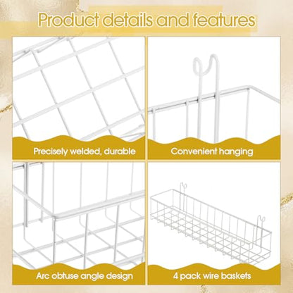 White 4 Pack Wire Baskets, Grid Wall Hanging Baskets, 16 S Hooks - color: White