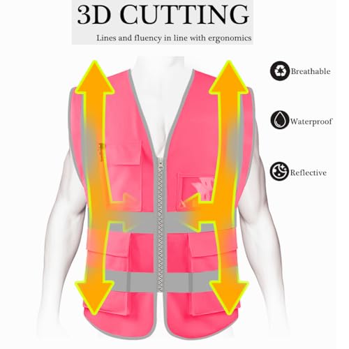 HYCOPROT High Visibility Safety Reflective Vest with Pockets and Zipper, Meets ANSI/ISEA Standards - color: Pink, size: 3X-Large
