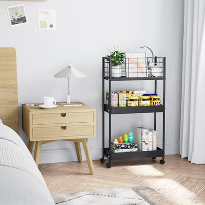 Slim Rolling Storage Cart, 3 Tier Heavy Duty Metal Utility Cart, Black - color: Black, size: 3-Tier