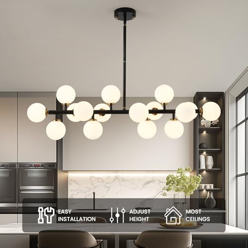 Black and Gold Chandelier Modern Rectangle Chandelier Glass Globe Pendant Light Fixture Adjustable for Dining Living Room Kitchen Island 16-Light - color: BlackGold-40in