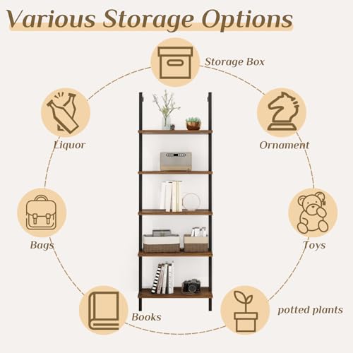 Karl home Rustic Brown 5 Tier Wall Mount Ladder Shelf, Metal Frame Bookcase - color: Rustic Brown