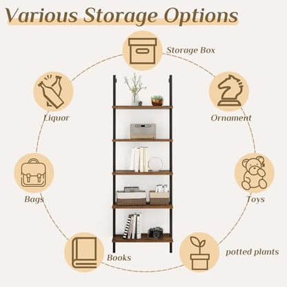 Karl home Rustic Brown 5 Tier Wall Mount Ladder Shelf, Metal Frame Bookcase - color: Rustic Brown