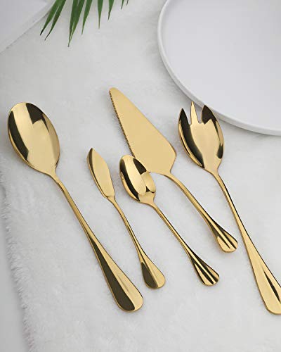 Gold Silverware Flatware Set, HF HOFTEN 45-Piece Stainless Steel Durable Cutlery Serving Set, Service for 8, Modern Elegant Design for Home/Hotel/Restaurant, Mirror Polished & Dishwasher Safe - color: HX032-45GO