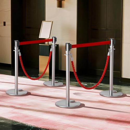 2Pack Stanchions with Retractable Belt and 2Pcs Hemp Rope (Silver) - color: Silver