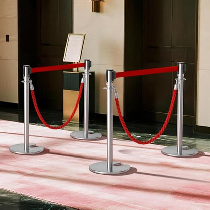 2Pack Stanchions with Retractable Belt and 2Pcs Hemp Rope (Silver) - color: Silver