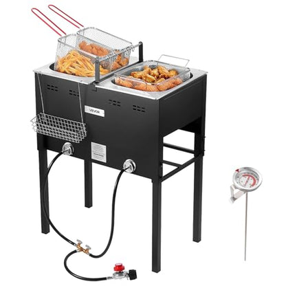VEVOR Outdoor Propane Deep Fryer, Dual-Tank 16QTx2 Large Capacity Commercial Fryer, Stainless Steel Fish Cooker with 3 Basket, Thermometer, Floor Standing Fryers for Catering Event Camping, 50,000 BTU - size: 32QT (16QTX2)