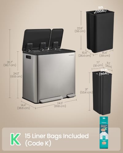 SONGMICS Trash Can, 13 + 6 Gallon Dual-Compartment, Soft-Close Lid - color: Silver, size: 13 + 6 Gallon