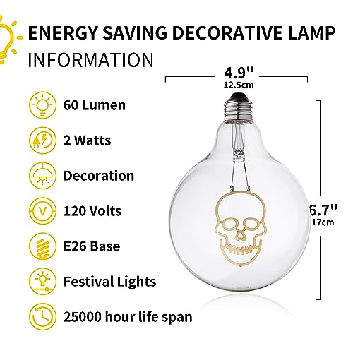 2W LED Decorative Globe Light, Soothing Filament Bulb, G125 120V - color: Skull-down-bulb Only