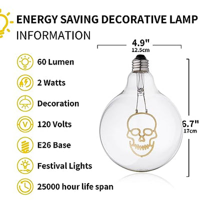 2W LED Decorative Globe Light, Soothing Filament Bulb, G125 120V - color: Skull-down-bulb Only