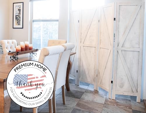 Premium Home 4-Panel Room Divider, Rustic White Barn Door K-Pattern Screen - color: Rustic White - K Pattern - 4 Panel