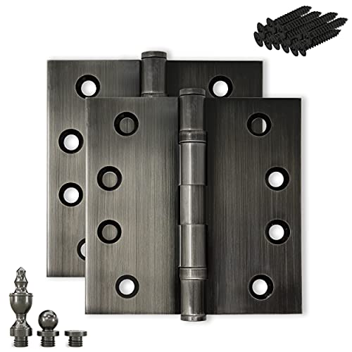 Solid Brass Door Hinge Heavy Duty Ball Bearing Polished 4x4 Inch with Decorative Screw-on Tips Included - Set of 2 Hinges (Pewter) - color: Pewter