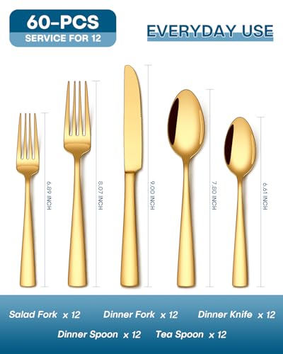 Stapava 60 Pcs Gold Silverware Set, Food-Grade Stainless Steel Flatware Sets for 12 Mirror Polished Cutlery Utensil Sets Include Dinner Knives Spoons and Forks Set Dishwasher Safe for Home Restaurant - color: Gold