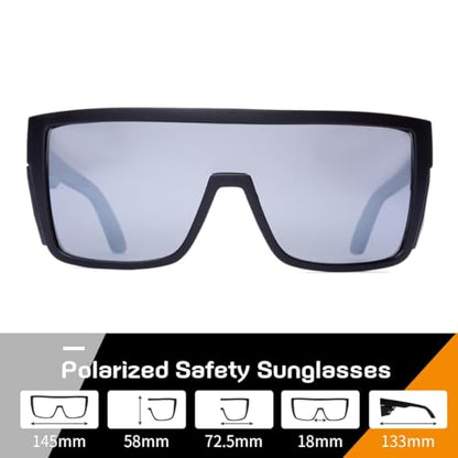 Polarized Safety Sunglasses, UV400 Protection, ANSI Z87.1 Wraparound Protective Eyewear - color: Matte Black Silver Mirror