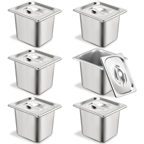 6 Pack Hotel Pans 1/6 Size 6" Deep Stainless Steel Steam Table Pan w/Lids - color: 1/6, size: 6'' Deep