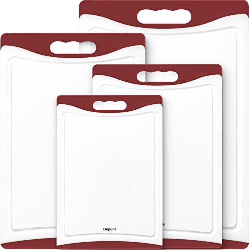 Empune BPA-Free Plastic Cutting Board for Kitchen with Juice Grooves, Extra Large Dishwasher Safe Cutting Boards Set of 4 with Handles, Thick Non-Slip Chopping Board for Meat, Fruit and Chicken, Red - color: Red