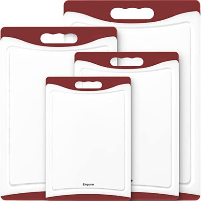 Empune BPA-Free Plastic Cutting Board for Kitchen with Juice Grooves, Extra Large Dishwasher Safe Cutting Boards Set of 4 with Handles, Thick Non-Slip Chopping Board for Meat, Fruit and Chicken, Red - color: Red