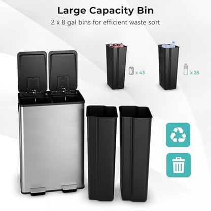 Goplus Dual Trash Can, 16 Gallon/ (2x30L) Double Trash and Recycling Bin Combo for Kitchen, Stainless Steel Garbage Can with 2 Removable Inner Buckets, Soft Closure & Step-on Pedal - color: Silver, size: 16 Gallon