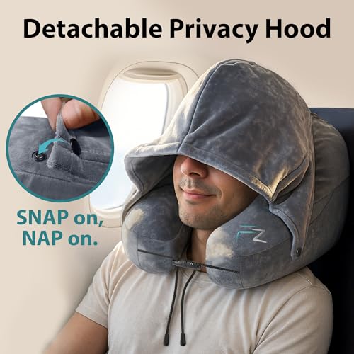 FLOWZOOM Air Inflatable Neck Pillow for Traveling on Plane - H-Shape Hooded Travel Pillow with 5 Snooze Modes, Fast Inflation, Pressure Control, Cozy Clip-On Hood & Plushy Cover - Size L, Silver Gray - color: Silver Gray