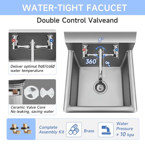 ROCKPOINT Stainless Steel Prep & Utility Sink with 8" Faucet, 1 Compartment Commercial Handmade Sink with 24" D x 24" W x 13" H Bowl for Restaurant,Kitchen,Laundry,Hotel and Home - size: 24"W x 24"D, style: compartment sink