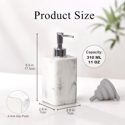 YMXYJM 2 pcs Hand Soap Dispenser Set, 11oz Refillable Resin Liquid Soap Dispensers with Rustproof Pump, Lotion Dispenser Includes Silicone Funnel for Bathroom Countertop or Kitchen, Marble-Effect - color: Marble White