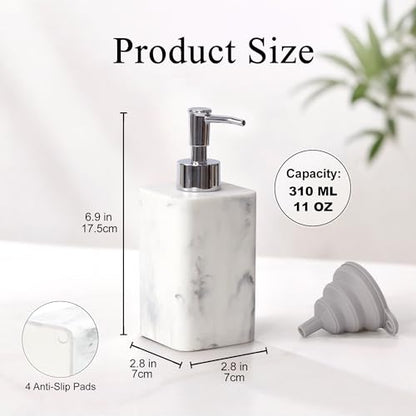 YMXYJM 2 pcs Hand Soap Dispenser Set, 11oz Refillable Resin Liquid Soap Dispensers with Rustproof Pump, Lotion Dispenser Includes Silicone Funnel for Bathroom Countertop or Kitchen, Marble-Effect - color: Marble White