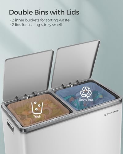 SONGMICS Trash Can, 2 x 8 Gallon (2 x 30 L), White and Gray - color: White + Gray, size: 2 x 8 Gallon