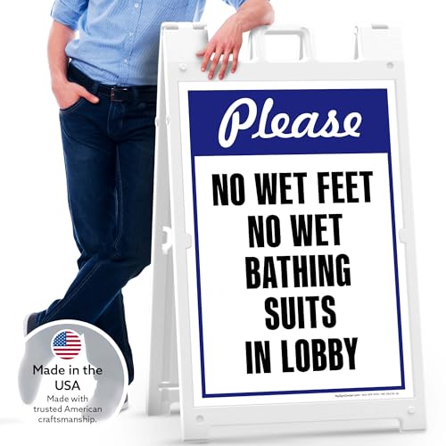 Please No Wet Feet No Wet Bathing Suits In Lobby Folding Floor Sign, 24x36 Inches, Portable A Frame, Made in USA by My Sign Center - size: 24x36 Plastic