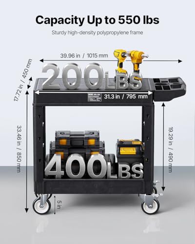 VEVOR Utility Cart, 550 lbs Load Capacity, 31.3 x 17.7-inch Service Cart, Two-Shelf Heavy Duty Plastic Utility Cart with 360° Swivel Wheels (2 with Brakes), Suitable for Warehouse, Garage, Cleaning - style: 550 LBS-Small