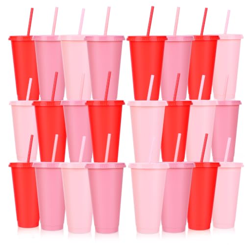 24 Pack Plastic Tumblers with Lids and Straws, Reusable Cups with Lids Plastic Colorful Cups for Parties Birthdays, Iced Coffee Cup Cold Drink Cups Bulk Tumbler (24 oz, Gradient Red and Pink Colors) - color: Gradient Red and Pink Colors