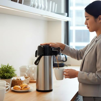 TrueCraftware- 1.9 Liter/ 64 oz Push Button Coffee Airpot Stainless Steel Body Glass Lined- Hot Beverage Coffee Chocolate Juice Tea Drinks Dispenser Ideal for Large Crowds for Any Occasion - size: 64.2 Ounces