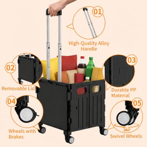 Foldable Shopping Cart with Wheels: Black Rolling Utility Crate - color: Black(m)