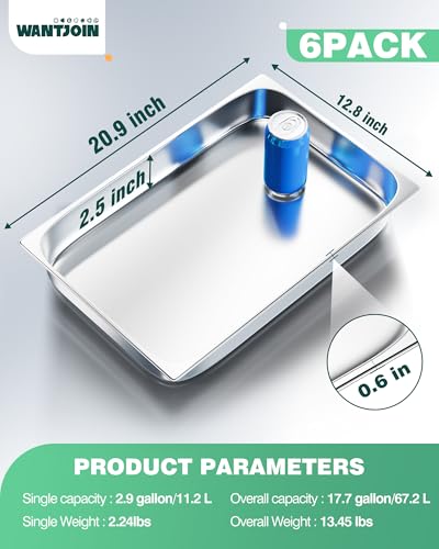 WantJoin Stainless Steel Steam Table Hotel Pan Set 1/1 Size 2.5 Inch 6 Pack - color: 2.5" Deep, size: 1/1 Size Thickened