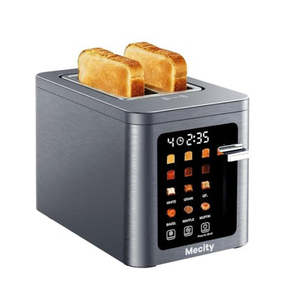 Mecity 2 Slice Toaster Smart Touchscreen, Stainless Steel Wide Slot Toasters Defrost, Reheat, Memory Function, Auto Shutoff, Digital Electric Bread Toaster for Bagel Muffin Waffle, 120V - color: 2 Slot-Brushed stainless steel gray