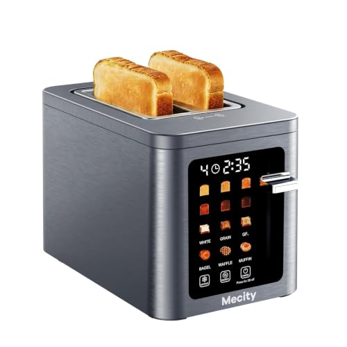 Mecity 2 Slice Toaster Smart Touchscreen, Stainless Steel Wide Slot Toasters Defrost, Reheat, Memory Function, Auto Shutoff, Digital Electric Bread Toaster for Bagel Muffin Waffle, 120V - color: 2 Slot-Brushed stainless steel gray