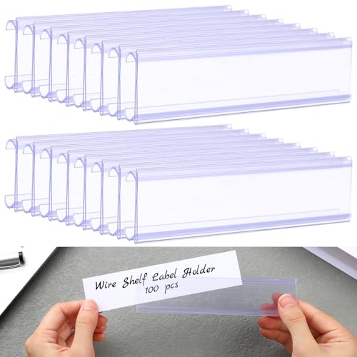 Kathfly 100pcs Wire Shelf Label Holders with 100pcs Paper Inserts 6in Lx1.25in H Plastic Wire Rack Label Holder Shelf Tags Clear Plastic Basket Display Clips Removable Compatible with 1-1/4in Shelves