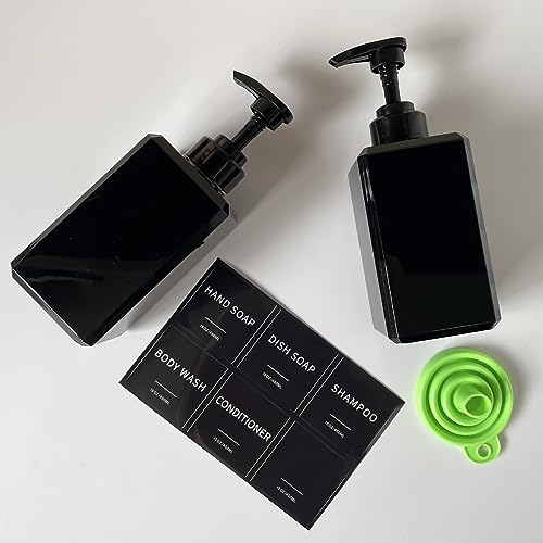 Black Soap Dispenser with Waterproof Labels, Thickened Plastic Hand Soap Dispenser for Bathroom, Kitchen Dish Washing Liquid Bottles, Shampoo and Conditioner Bottles with Funnel (15oz 2Pack Black) - color: 15oz 2 Pack Black