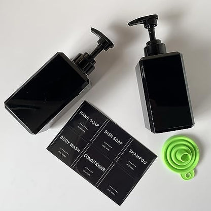 Black Soap Dispenser with Waterproof Labels, Thickened Plastic Hand Soap Dispenser for Bathroom, Kitchen Dish Washing Liquid Bottles, Shampoo and Conditioner Bottles with Funnel (15oz 2Pack Black) - color: 15oz 2 Pack Black