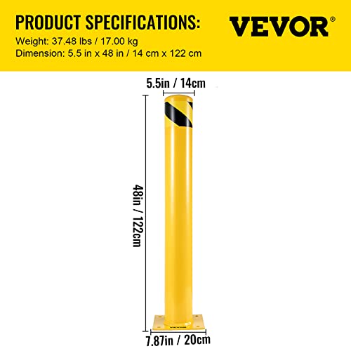 Happybuy Safety Bollard, 48" Steel Bollard Post, 5.5" Diameter, Yellow Powder-Coated Steel, Includes 8 Anchor Bolts, Ideal for Traffic-Sensitive Areas