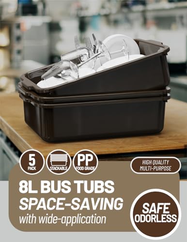 WYT 5-Pack Commercial Bus Tubs Box/Tote Box, Brown Plastic Storage Bin with Handles/Wash Basin Tub (8 Liter) - color: Brown, size: 8 Liter-Brown