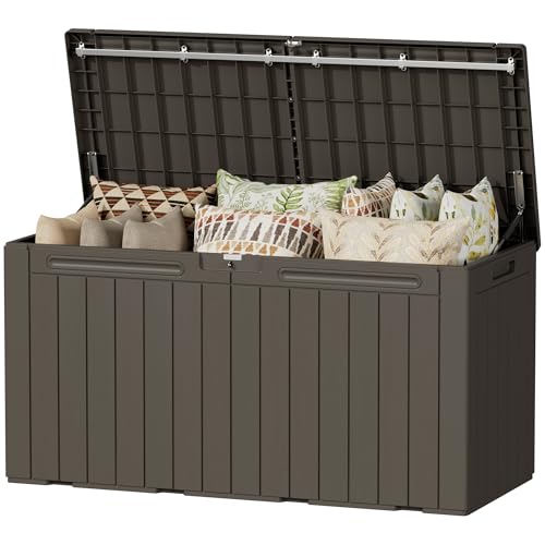 Devoko 100 Gallon Outdoor Storage Box, Waterproof Deck Box Lockable - color: Brown, size: 100 Gallon