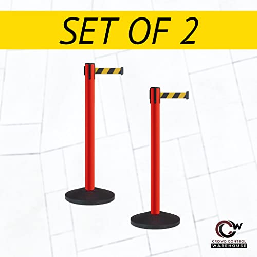 Montour Line MS630 Set of 2 Retractable Belt Barrier Stanchion, Sloped Base, Red Post (7.5 ft Dark Blue Belt) - color: Dark Blue, size: 7.5 ft