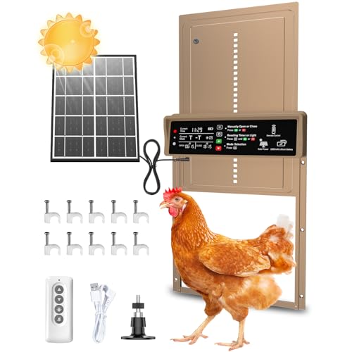 Automatic Chicken Coop Door Solar Powered with Timer & Light Sensor, Pet Deluxe Chicken Door with 7W Solar Panel, Anti-Pinch Safety, 10PCS Wire Clips and Aluminum Alloy, Long-Range Remote - Brown - color: Brown