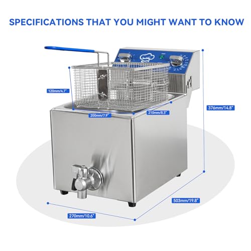 TOPKITCH 6.3Qt Electric Fryer with Oil Drain,30 Minutes Timer,Stretch forming oil tank,Lid and Solid Wire Mesh Basket,Light Duty Commercial Electric Countertop Deep Fryers-120V,1800W - size: 6.3QT