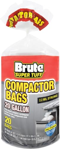 Brute Super Tuff Heavy Duty 2.2 MIL Kitchen Compactor Bags, Twist Tie Closure, White, Clean Fresh Scent with Odor Protect Technology, 20 Gallon, 20 Count (Pack of 6) - size: 20 Count (Pack of 6), style: Compactor (20 Gallon)