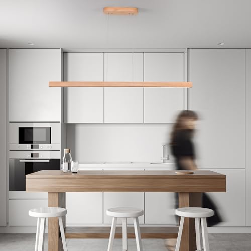 YISDESIGN 31.5" 18W 1-Light Wooden Led Linear Pendant Light Dimmable Led Ceiling Hanging Light Fixtures Modern Chandeliers for Dining Room Kitchen Island Lights Natural - color: Natural, size: 32in