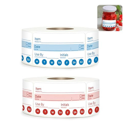 2 Rolls 1000 Pcs 1 X 2 inch Removable Food Date Sticker Labels, Easy to Write for Freezer, Refrigerator Food Containers Date Sticker, Leftover Labels (Blue-Red-Spanish-Week) - style: Blue-Red-Spanish-week