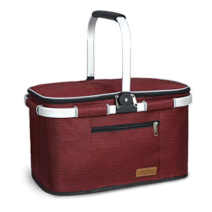 LIQING 35L Large Picnic Basket 2 Layers of Internal Pockets Leak-Proof and Insulated ，Folding with Internal Support for enhansed Stability, Wedding Gifts for Couple(Wine red) - color: Wine Red