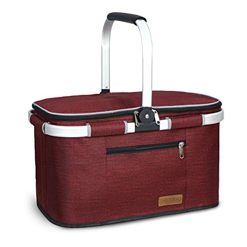LIQING 35L Large Picnic Basket 2 Layers of Internal Pockets Leak-Proof and Insulated ，Folding with Internal Support for enhansed Stability, Wedding Gifts for Couple(Wine red) - color: Wine Red