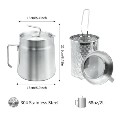 68oz Stainless Steel Oil Filter Pot with Deep Fryer Basket, Stovetop Fryer